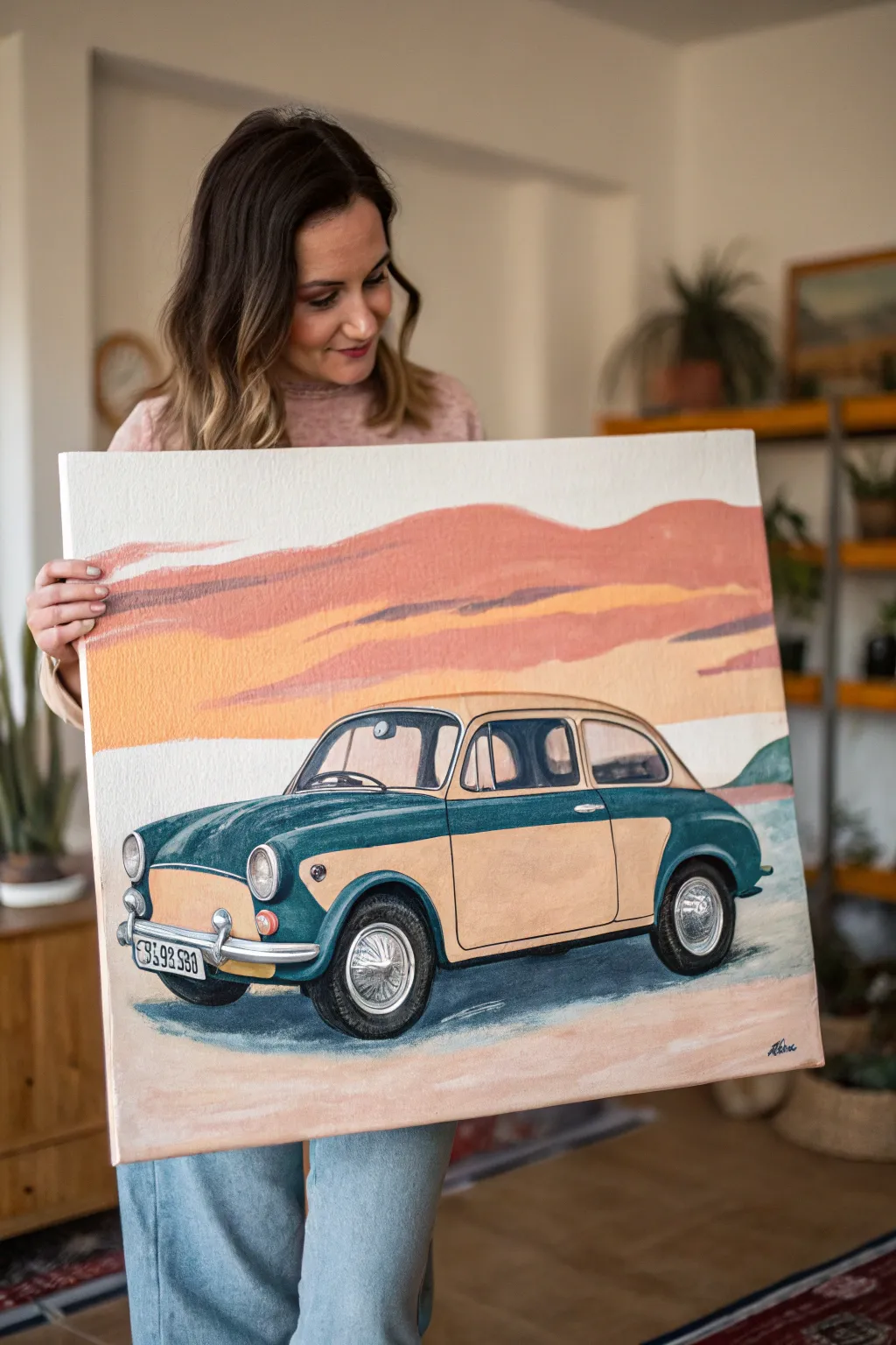 Vintage car canvas art in warm nostalgic hues, minimal backdrop, handcrafted texture, bold contrast.
