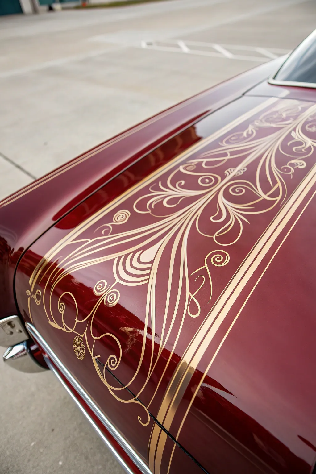Retro hand-drawn pinstripes on glossy paint, minimalist garage mood and bold contrast