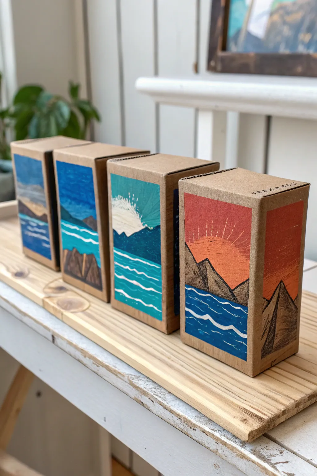 Mini cardboard landscapes from box scraps, bold color blocks with clean Nordic-boho contrast.