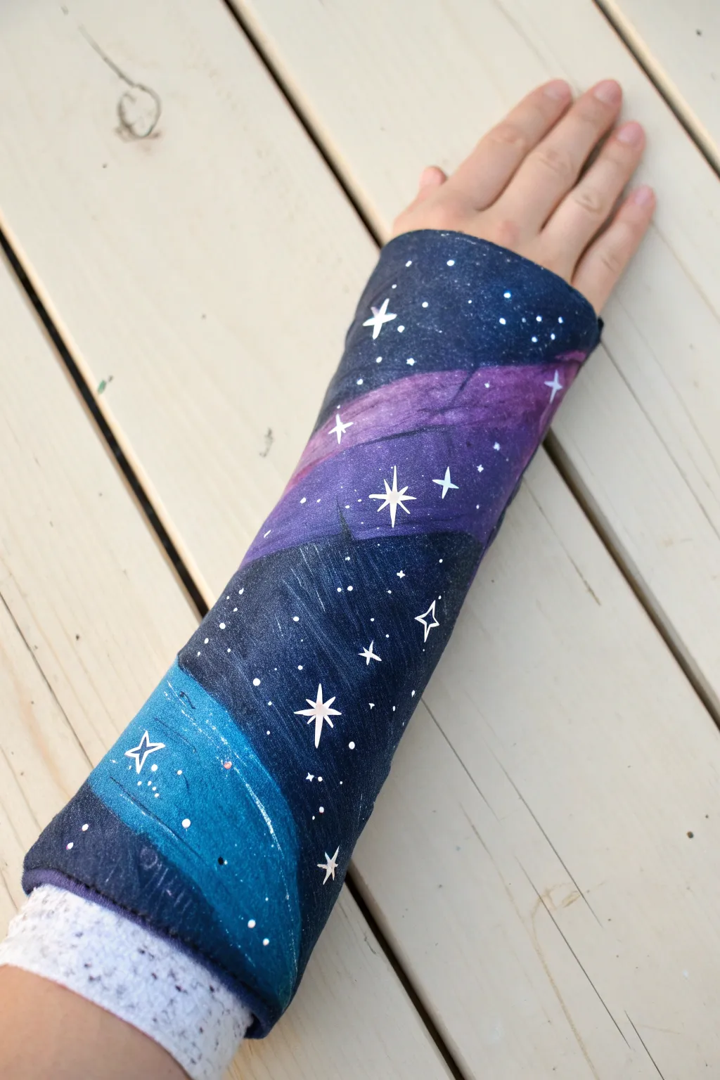 Galaxy night-sky cast: deep navy, purples, blues, and starlit speckles for dreamy contrast.