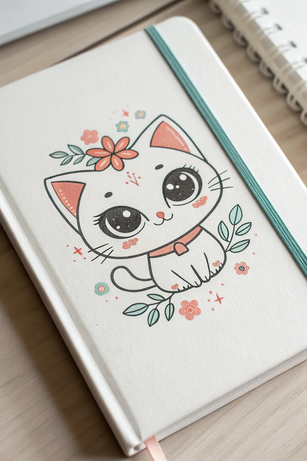 Cute chibi cat doodle with big sparkly eyes, soft shading and bold minimalist color contrast