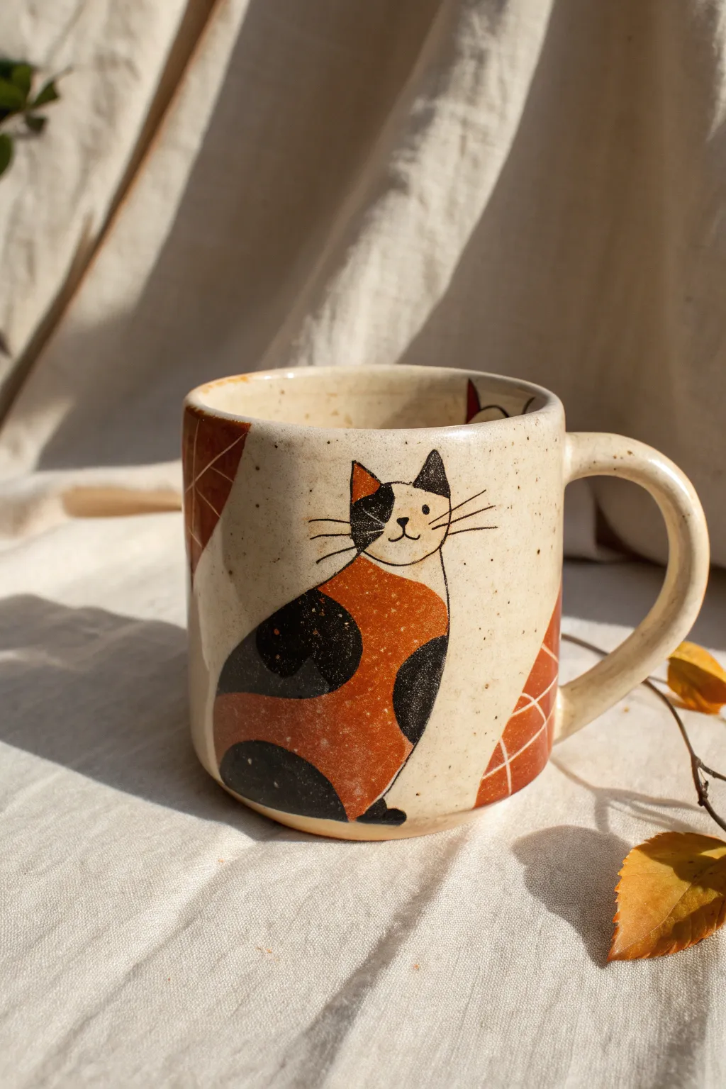 Calico color blocking on a rounded mug, bold cream, orange, and black for an easy pottery idea.