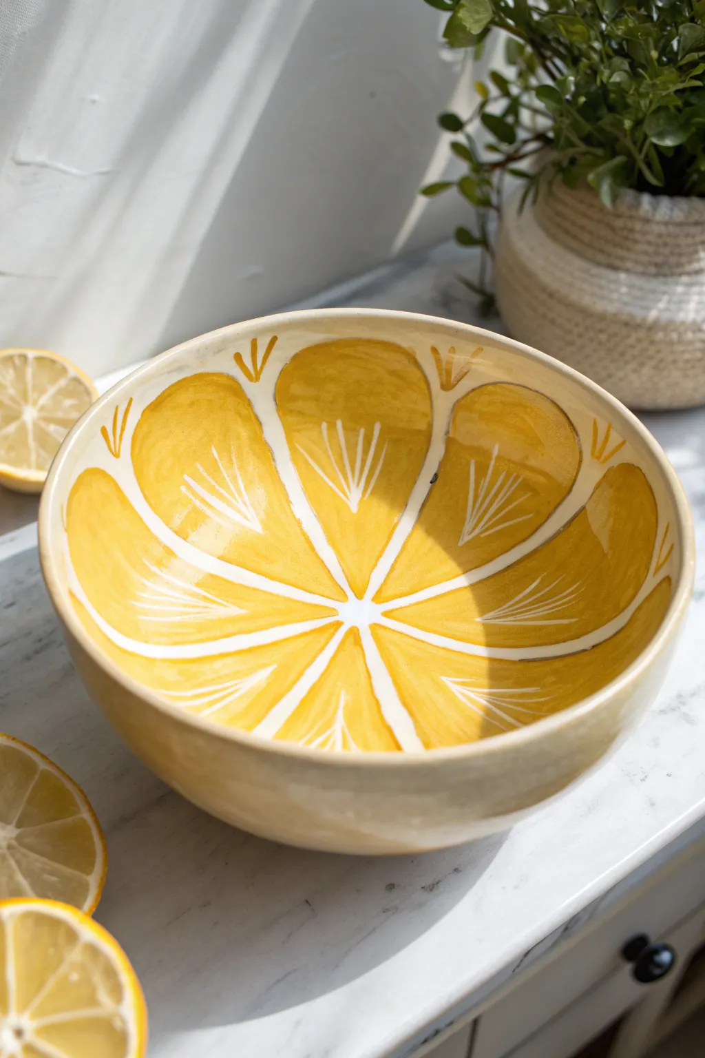 Citrus-slice bowl painting idea: bold segments that perfectly follow the bowl curve.