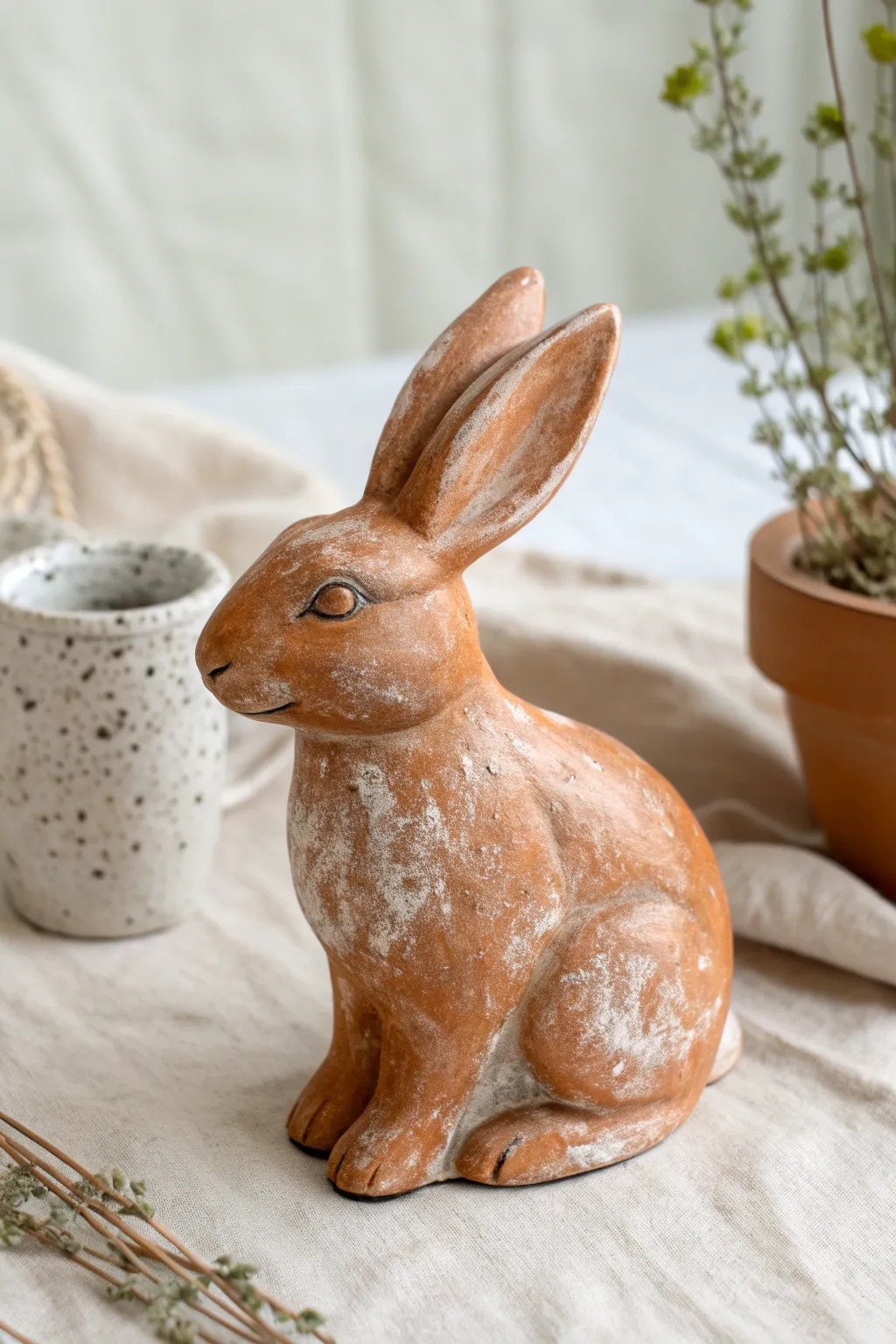 Terra-cotta style ceramic bunny with a soft chalky patina for cozy earthy charm