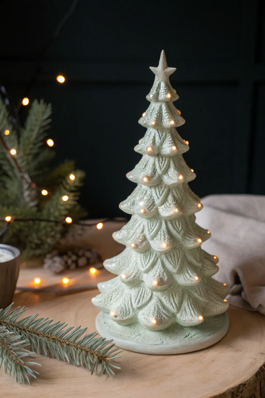 Matte sage ceramic tree with minimal clear lights for a calm Scandinavian holiday glow
