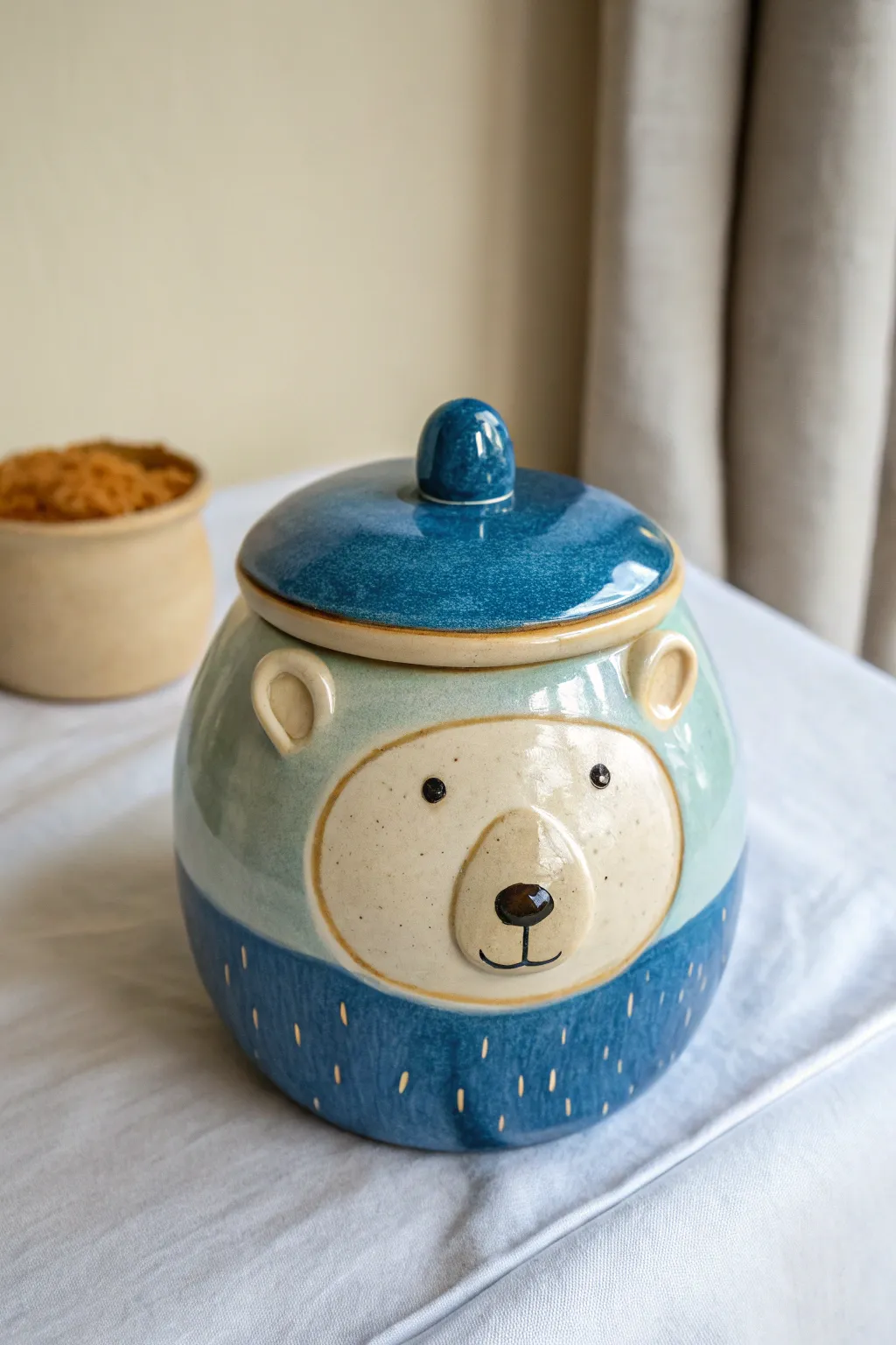 Cute animal face cookie jar with sculpted lid handle, Scandinavian minimal style with boho warmth