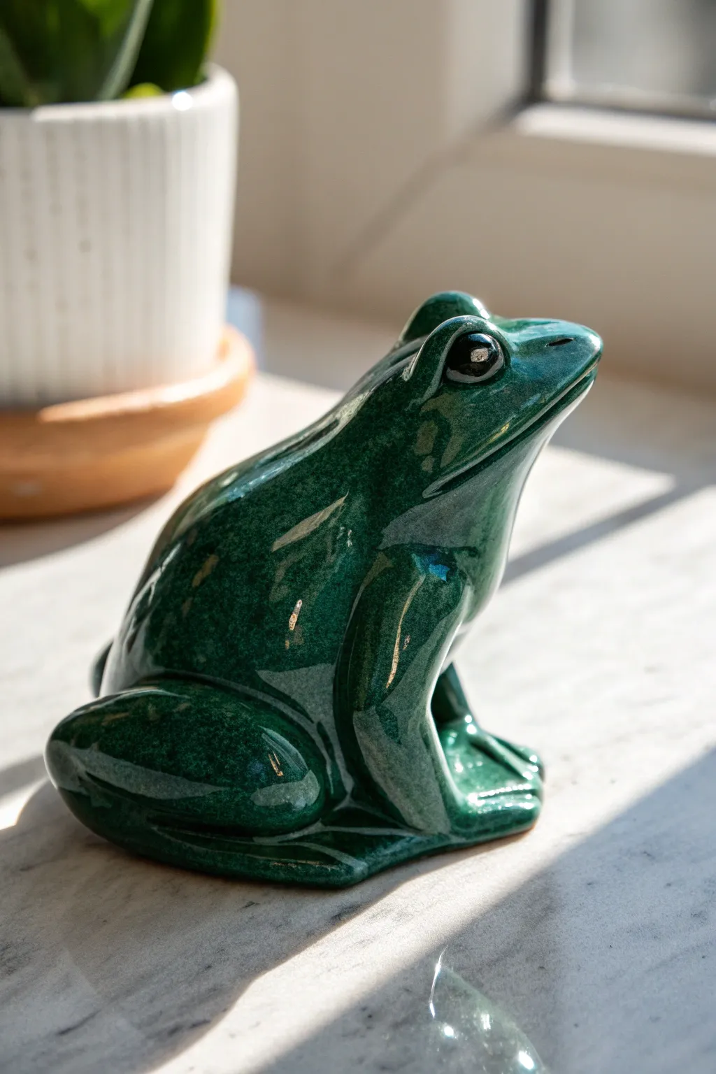 Glossy emerald ceramic frog with bold reflective highlights in a clean minimalist setting