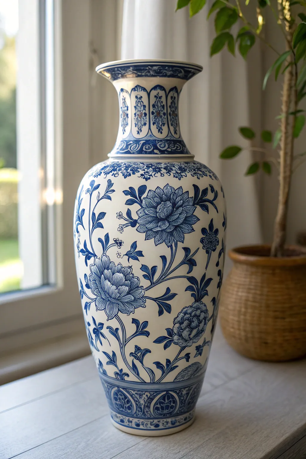 Blue-and-white porcelain-inspired vase motifs with crisp contrast and handcrafted detail