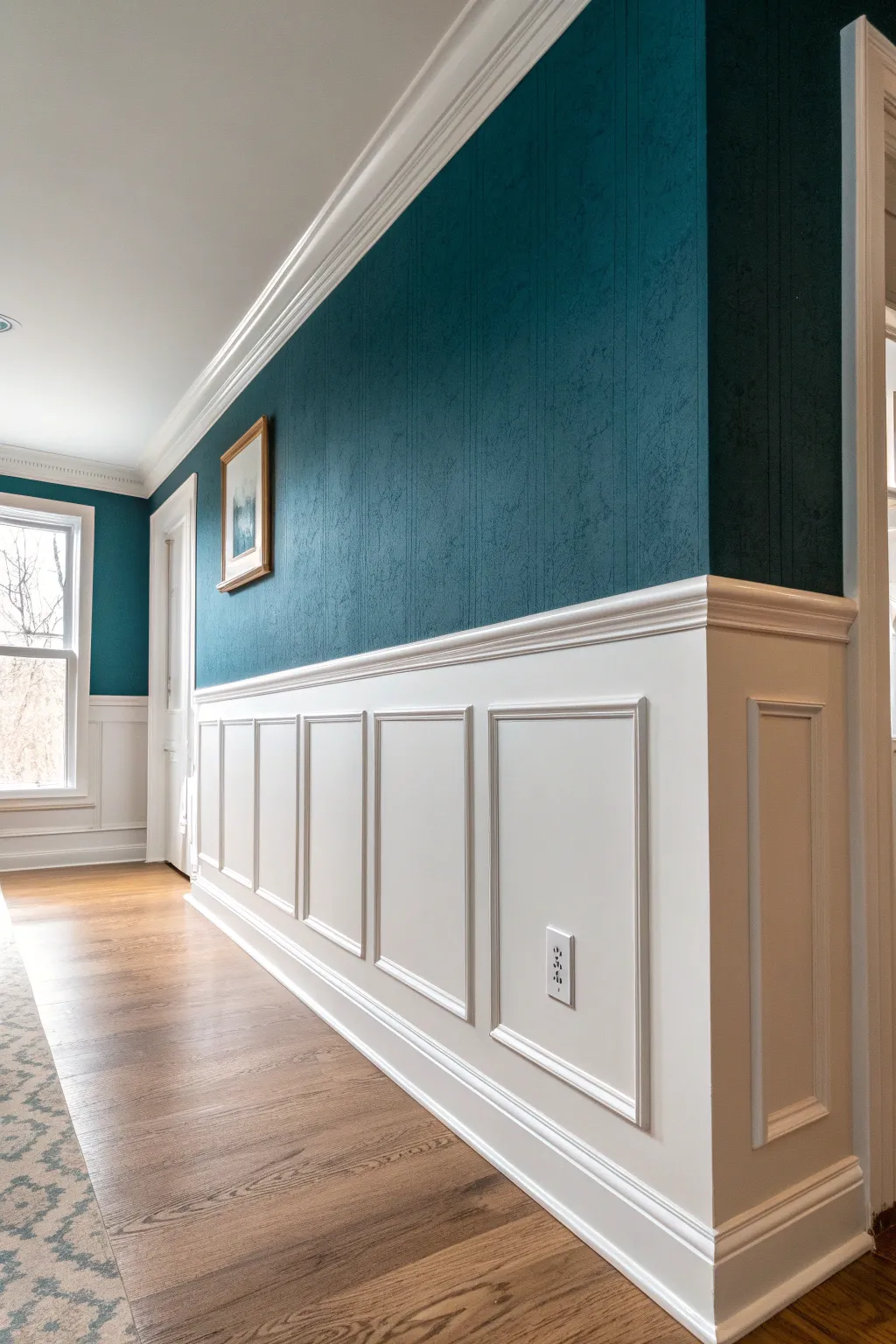 Moody satin paint below the chair rail keeps walls wipeable, while the top stays soft.