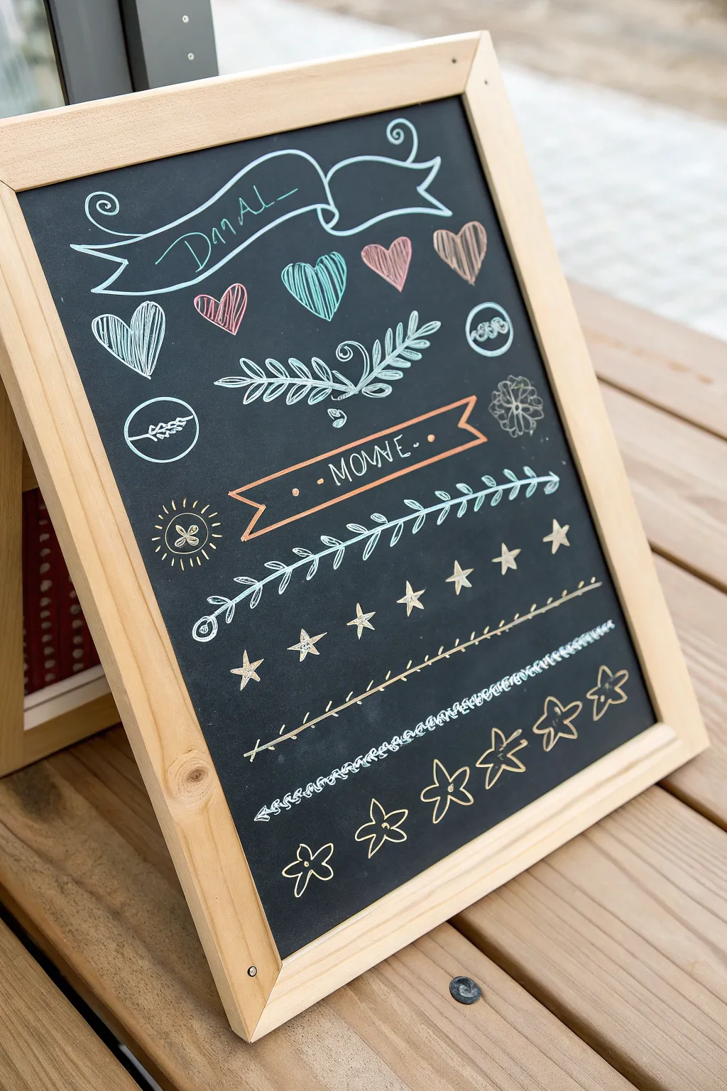 Minimalist chalk marker sampler board with colorful dividers, banners, and tiny icons for inspo