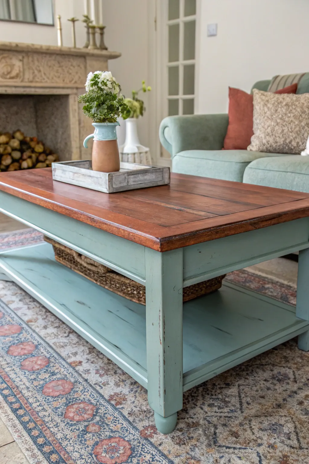 Minimalist chalk-painted coffee table with bold layered color peeking through worn edges
