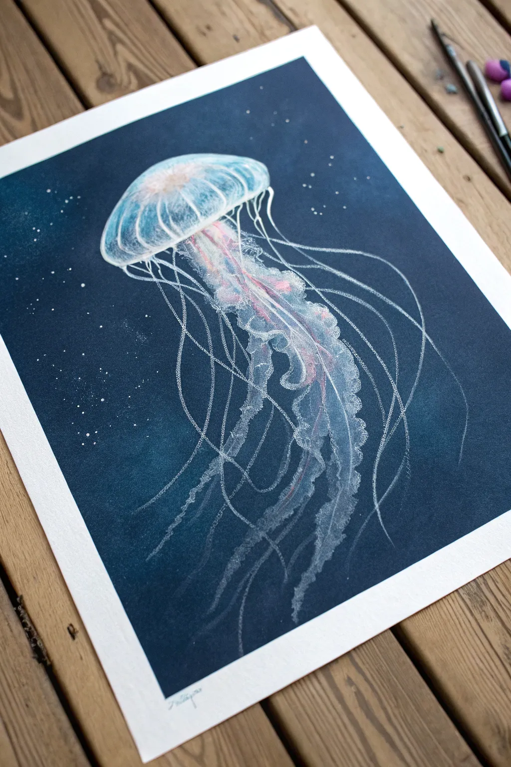 Glowing jellyfish chalk pastel study in deep navy water with dreamy, layered blue highlights