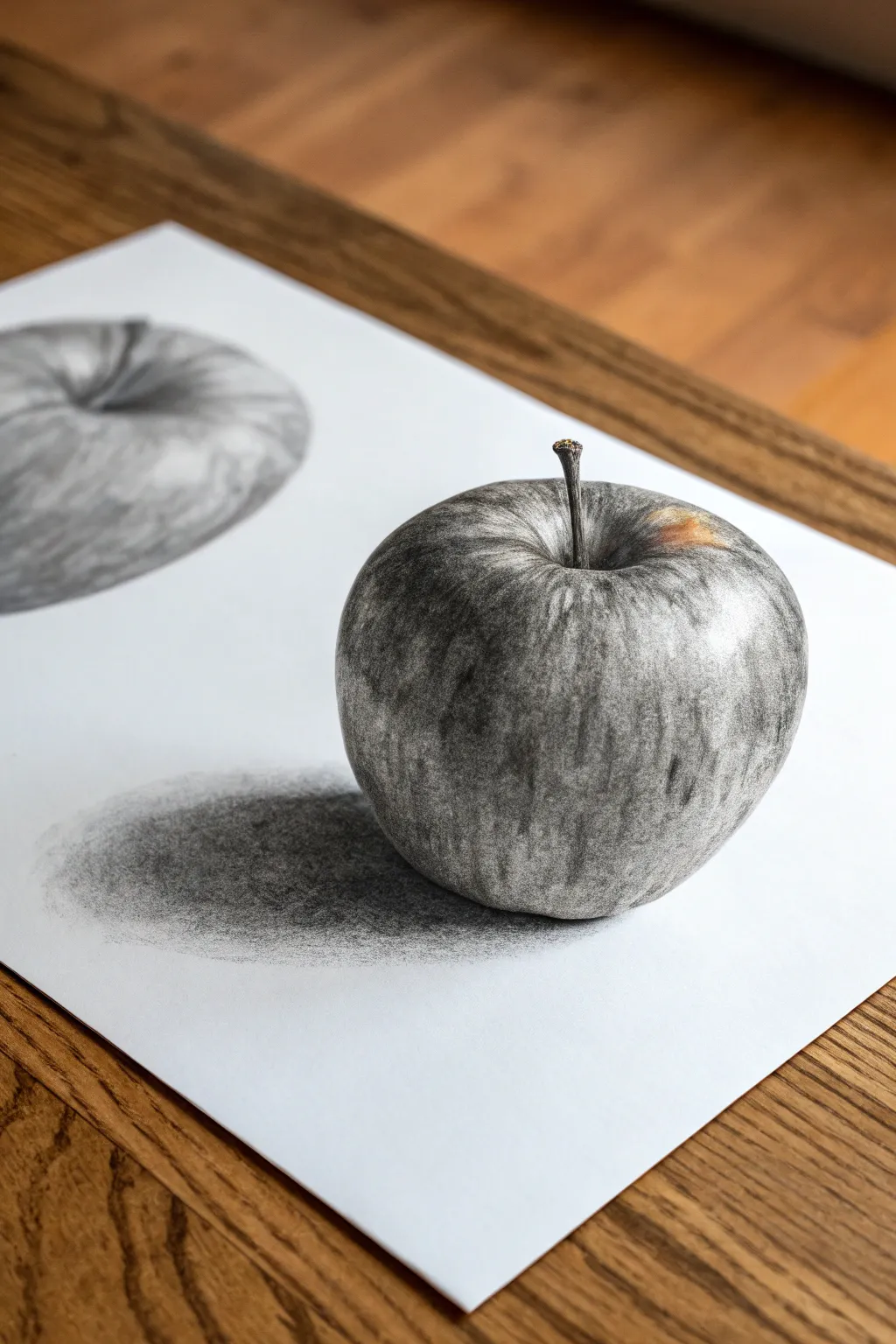 Single-fruit charcoal still life: one apple with an erased highlight and a soft grounded shadow.