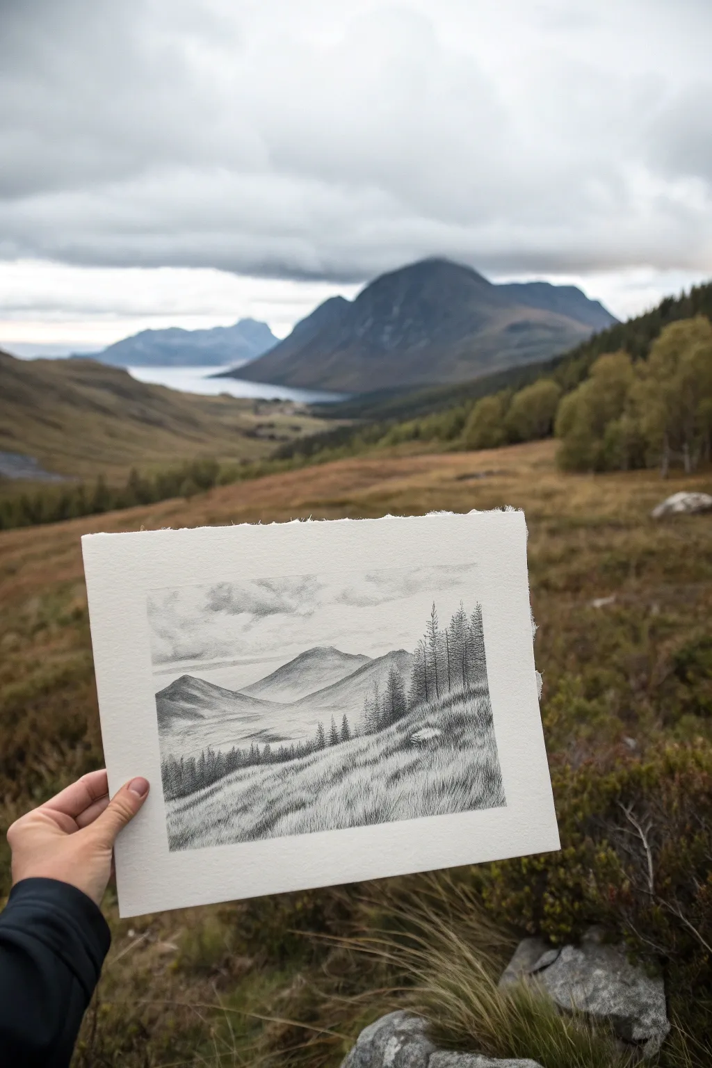 Atmospheric charcoal landscape: distant mountains fade softly for dreamy depth and calm focus.