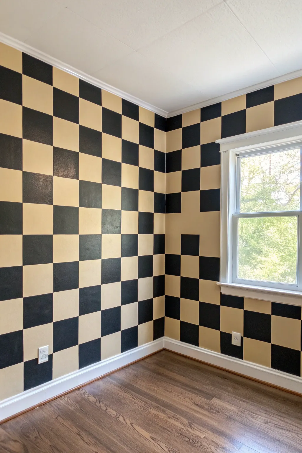Corner-wrap checkerboard paint idea: bold squares flowing over the bend for extra depth and drama.
