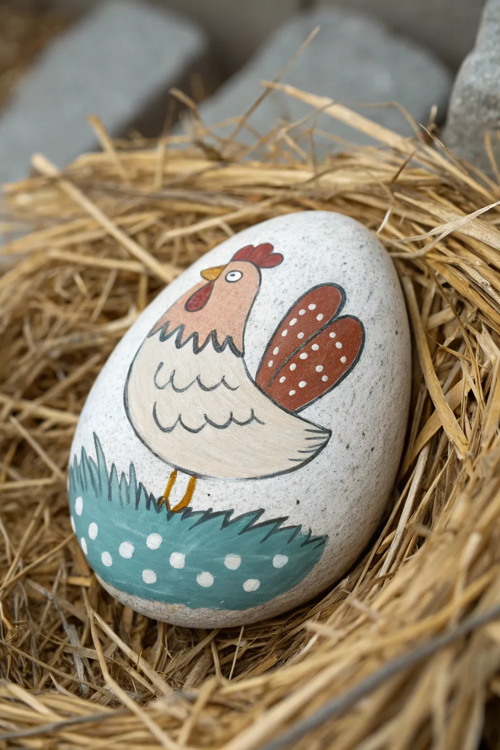 Cozy nesting hen rock painting idea with tucked eggs, minimal Scandinavian style and a bold color pop
