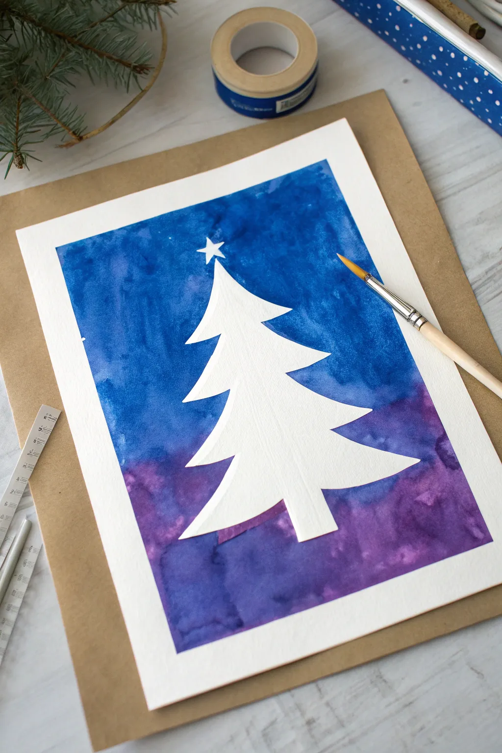 Tape-resist Christmas tree reveal with bold blue-purple paint and crisp clean silhouette edges