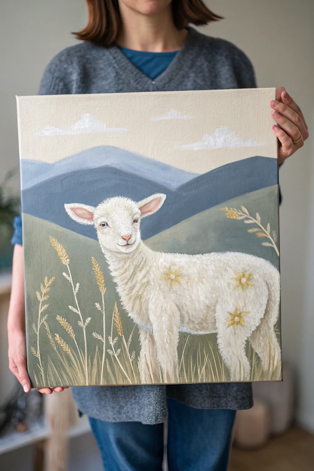 Gentle lamb painting in creamy tones with deep sky contrast, a serene symbol of redemption