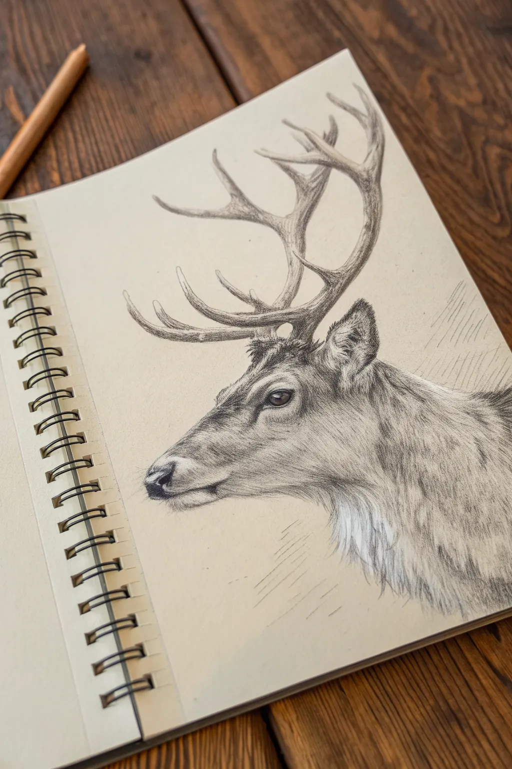 Reindeer head study: soft eyes, directional fur, and bold antlers for realistic Christmas drawing