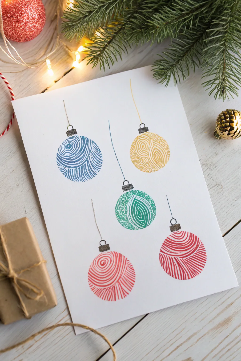 Minimalist ornament fingerprint fill-in: bold festive finger painting on clean cardstock