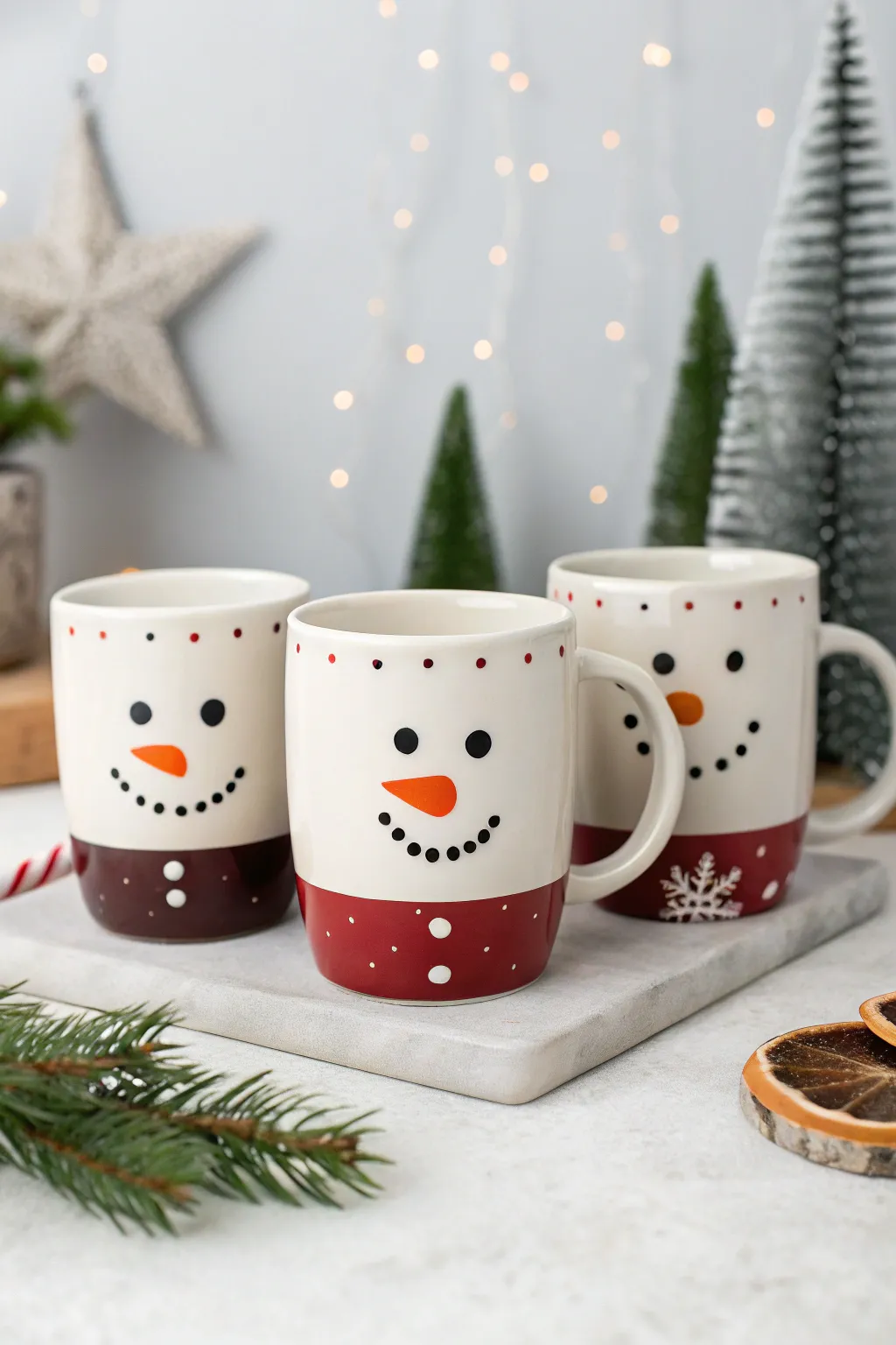 A chic trio of snowman expression mugs for a playful, Pinterest-perfect Christmas coffee moment.
