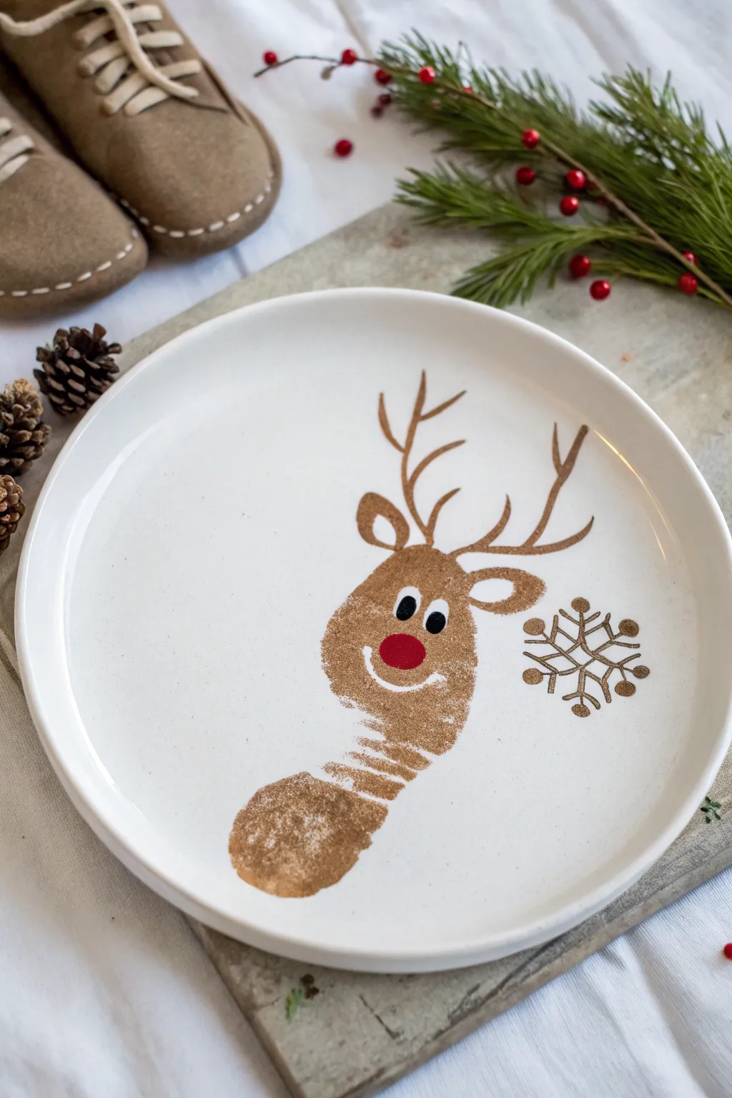 A minimalist footprint reindeer plate keepsake with a bold red nose and cozy Scandinavian charm