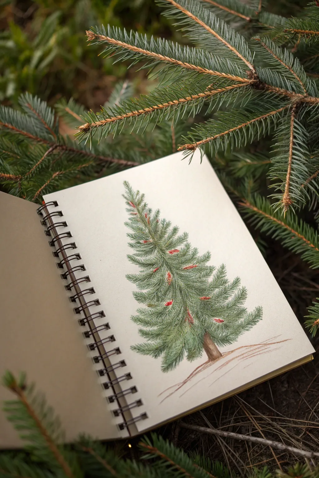 Short strokes, rich needle texture: a Christmas tree sketch evolving from rough to finished.