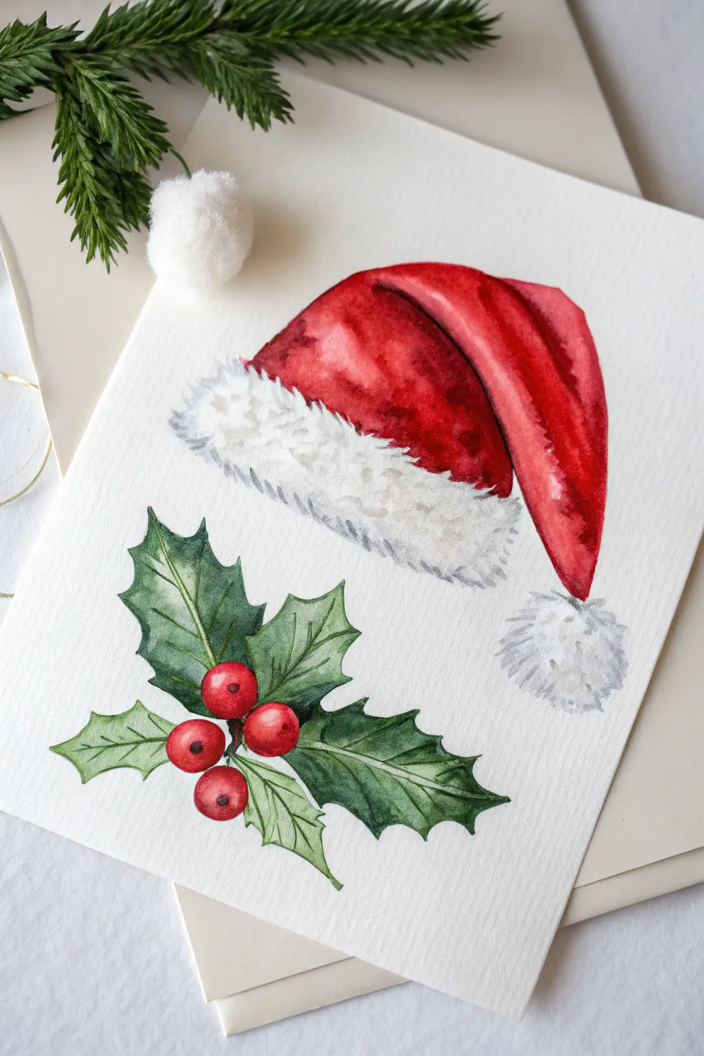 Easy Santa hat and holly watercolor sketch in bold red and green, minimal Scandi-boho charm