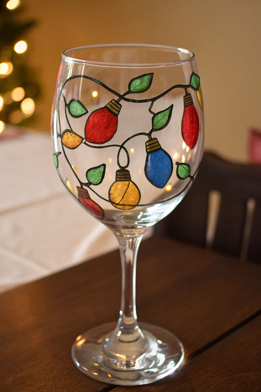 DIY Christmas wine glass: colorful holiday lights painted around the bowl for a cozy modern look