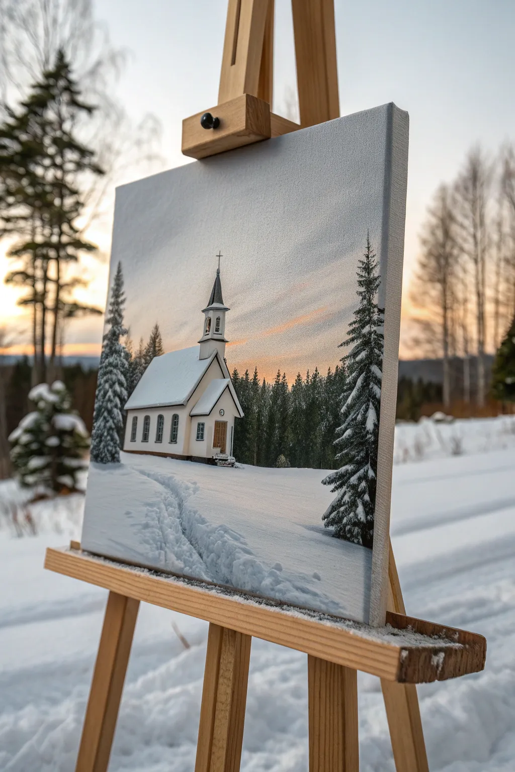 Snowy church and deep evergreen pines: a minimalist winter painting with bold contrast