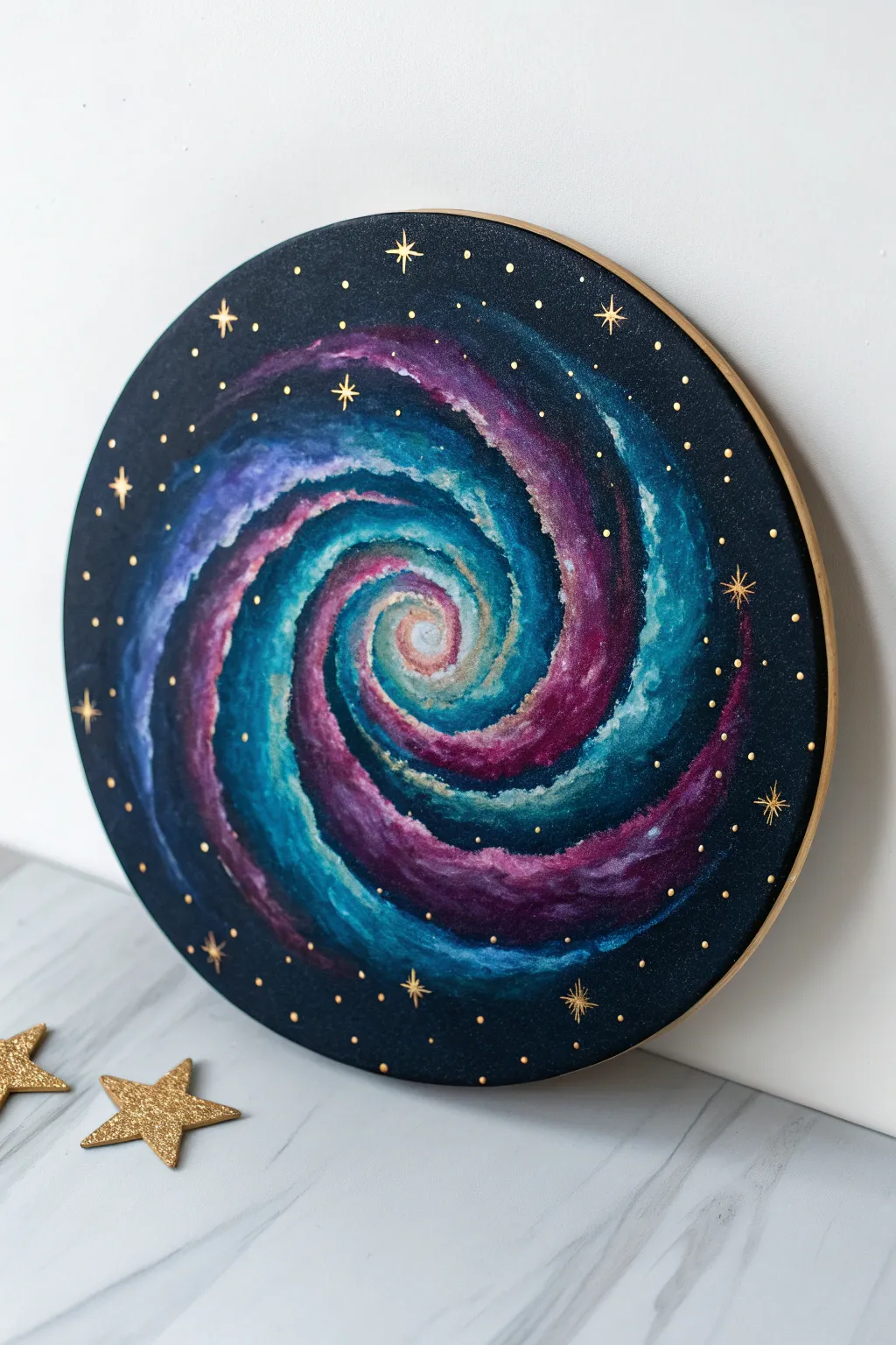 Galaxy swirl spiral on a round canvas, bold nebula colors and stars for a dramatic statement.