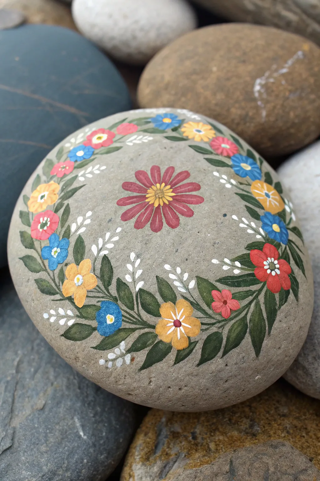 Bright wildflower wreath circle rock painting with a clean, airy center and bold contrast