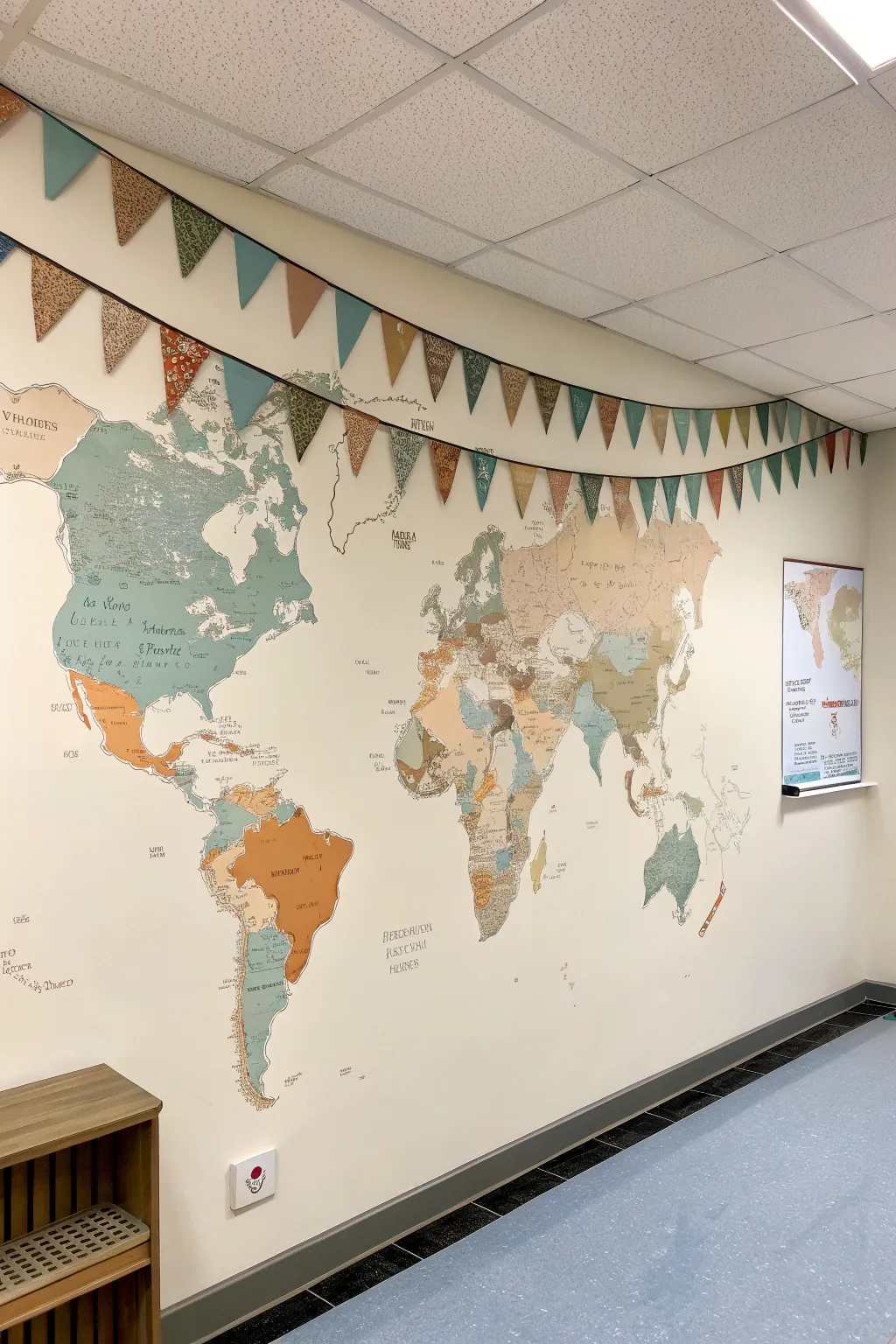 Calming world map mural in soft boho tones, perfect for a minimalist classroom learning wall