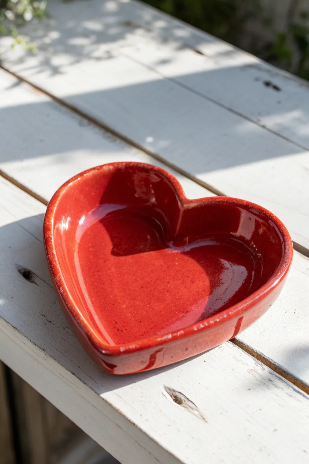 Candy-gloss heart ashtray in bold poppy red, handcrafted shine on a clean minimalist backdrop