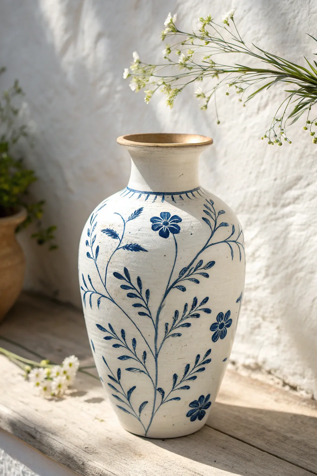 Porcelain-inspired blue florals on a matte white clay vase for a clean, modern boho look