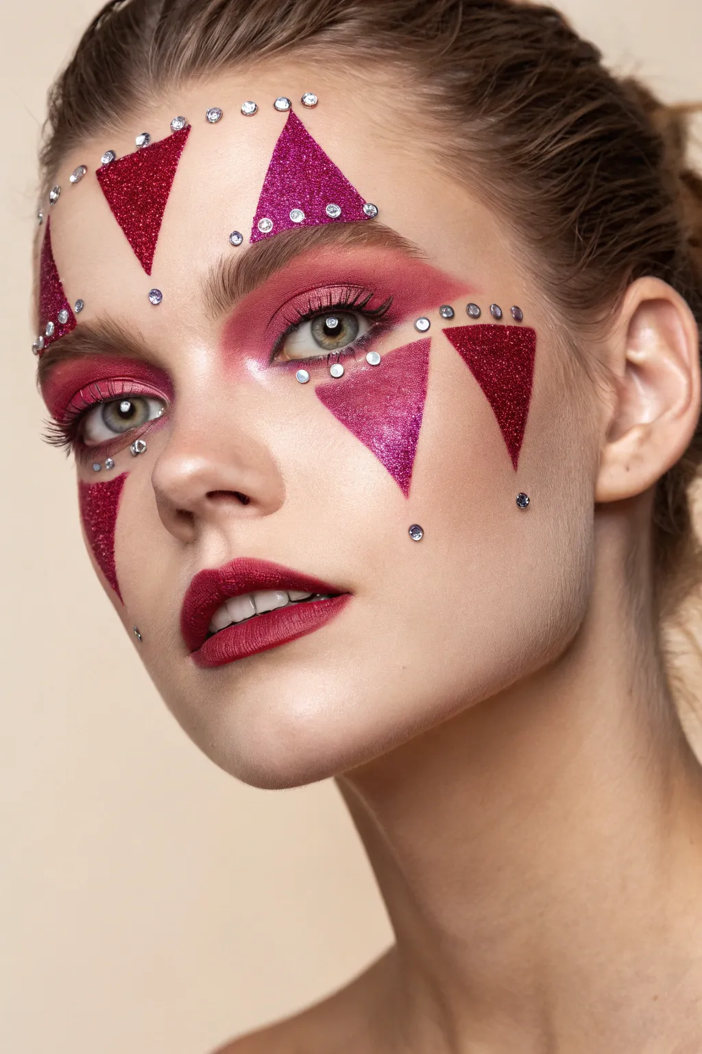 Elevate your festival look with these sparkling glitter and gem clown details.