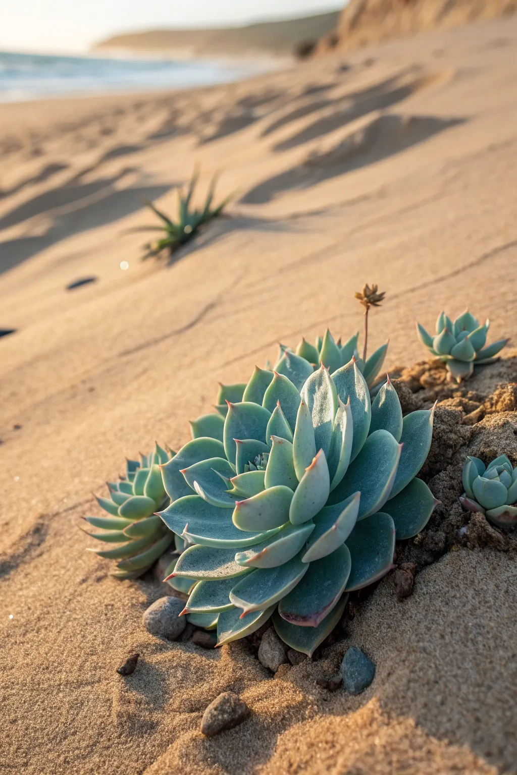 Blue-green succulents nestled in warm sand for a minimalist boho coastal landscape moment
