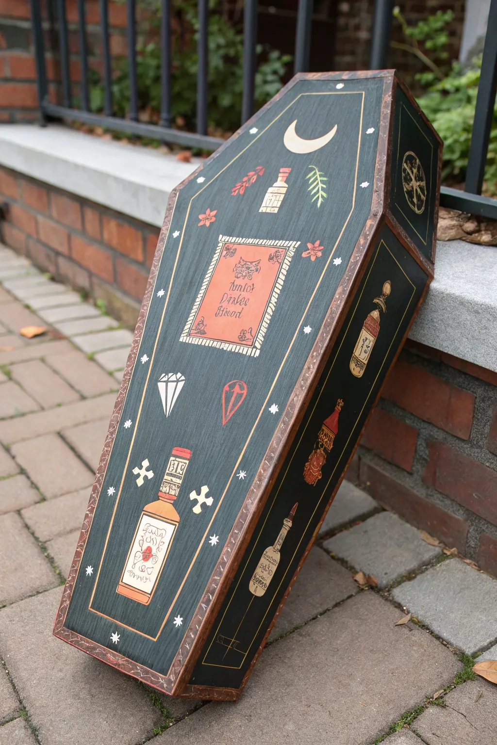 Hand-painted coffin art with potion-label motifs for a cozy witchy, minimalist-boho vibe.