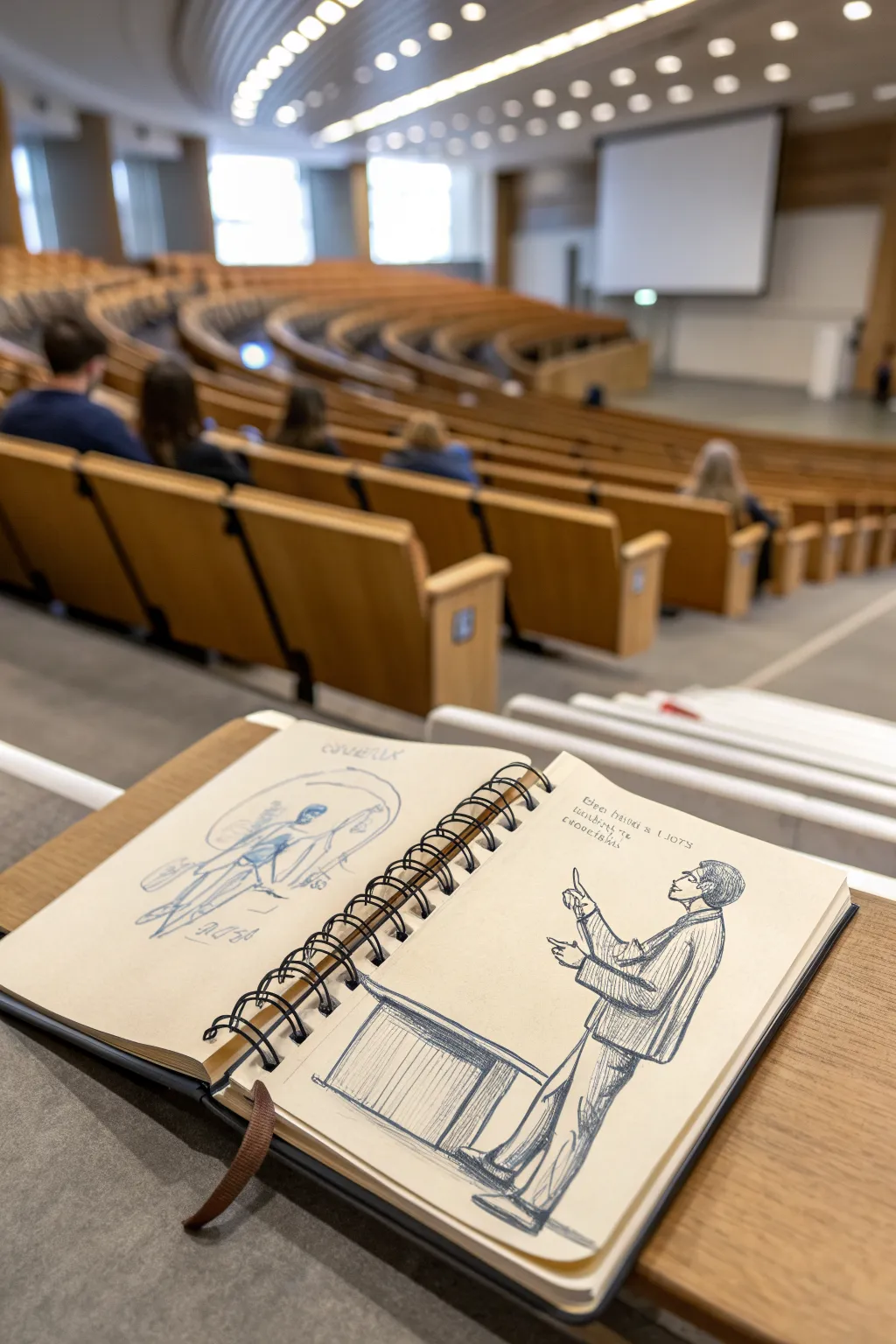 Quick gesture sketch of a lecture hall to practice speed, energy, and perspective between classes.