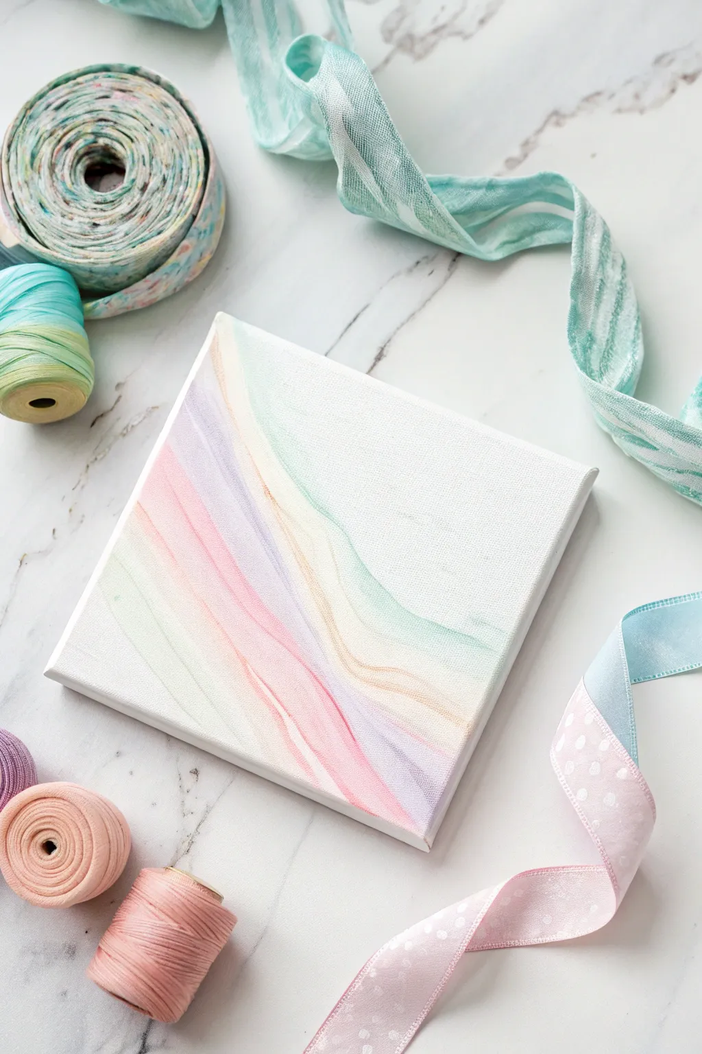 Soft pastel rainbow pour painting palette with mint, blush, lilac and baby blue in a clean airy scene