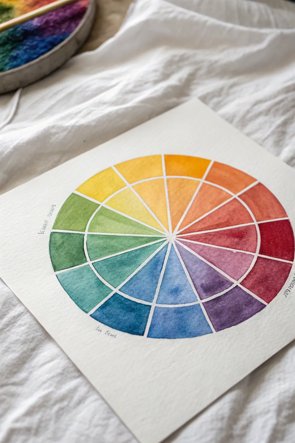 Triadic triangle color wheel layout with bold marked hues on crisp white paper