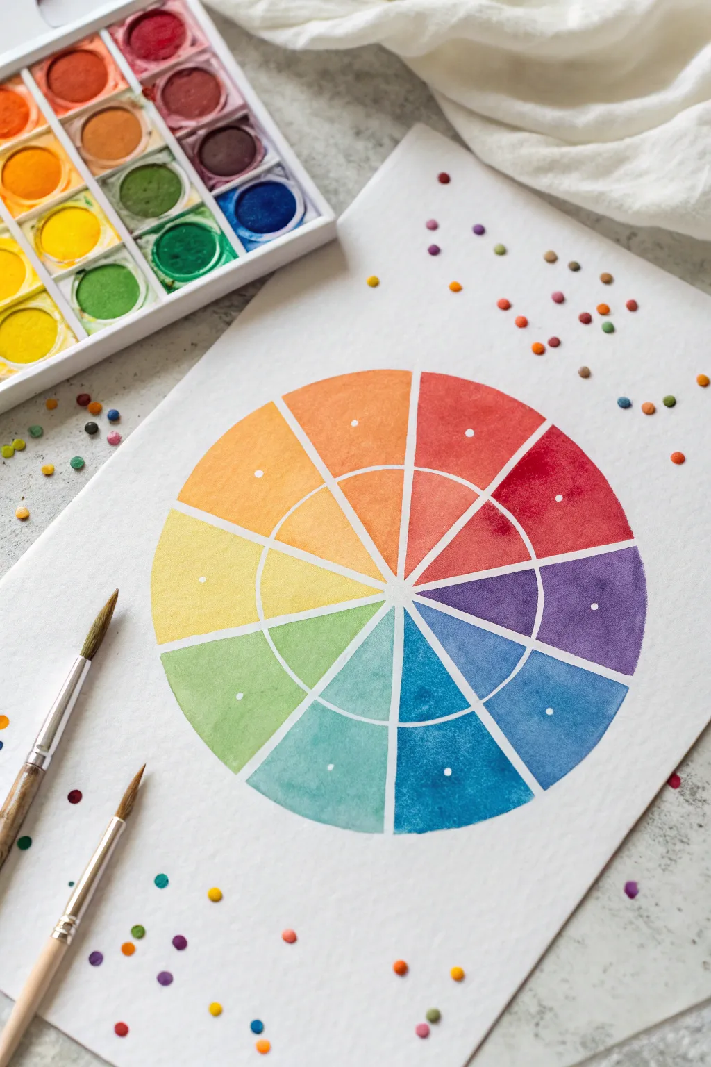 Split-complementary color wheel with bold accent marks and confetti dots, minimal and vibrant