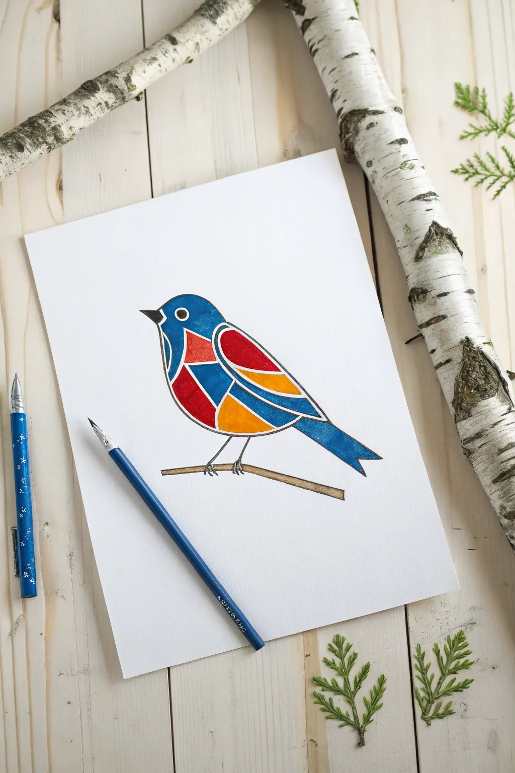 Easy bright bird drawing idea with chunky color shapes in bold blue, red, and yellow