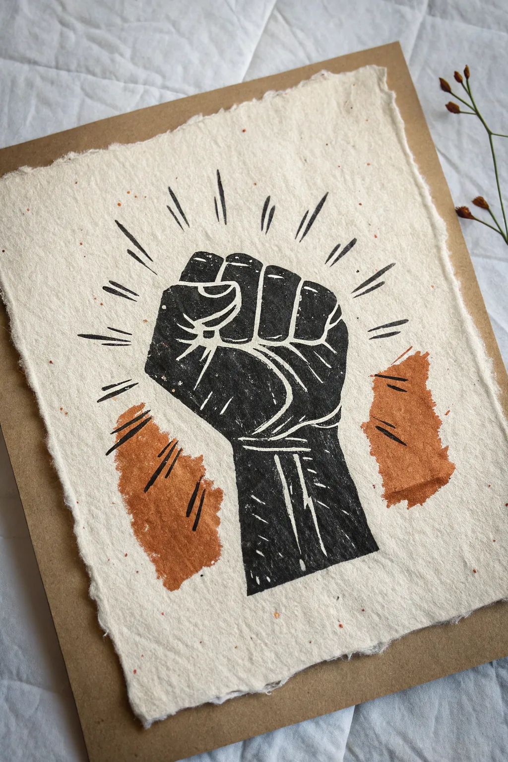 Clenched fist ink sketch with warm boho accent and stark shadow, capturing raw conflict energy