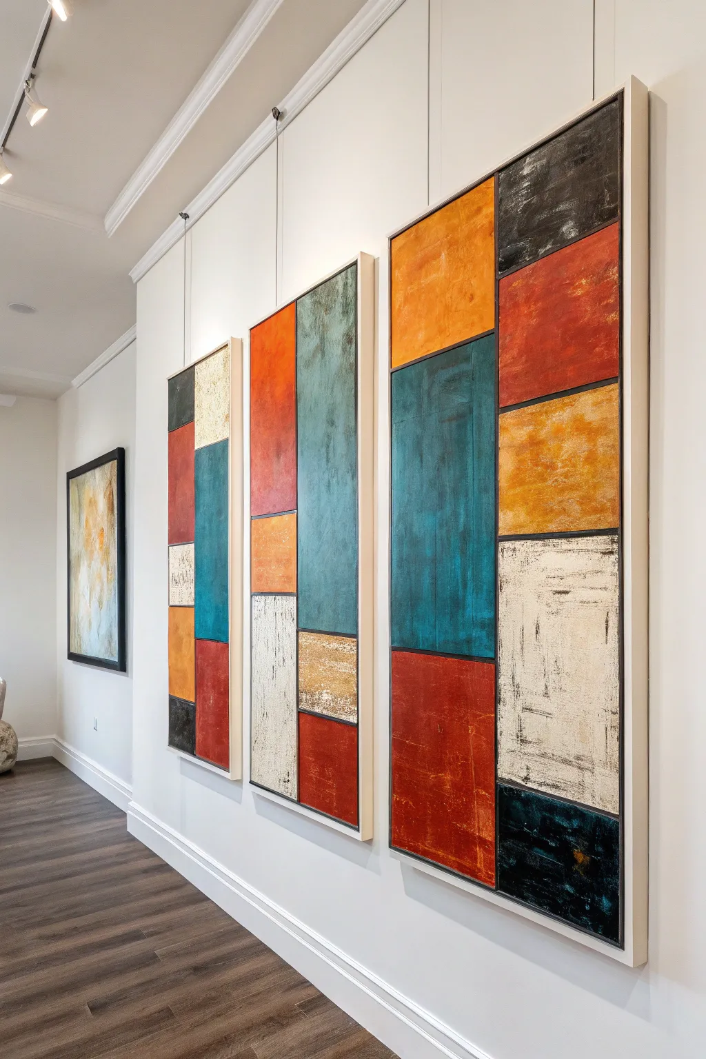 Bold abstract triptych fills a wide wall with modern color and calm Scandinavian balance