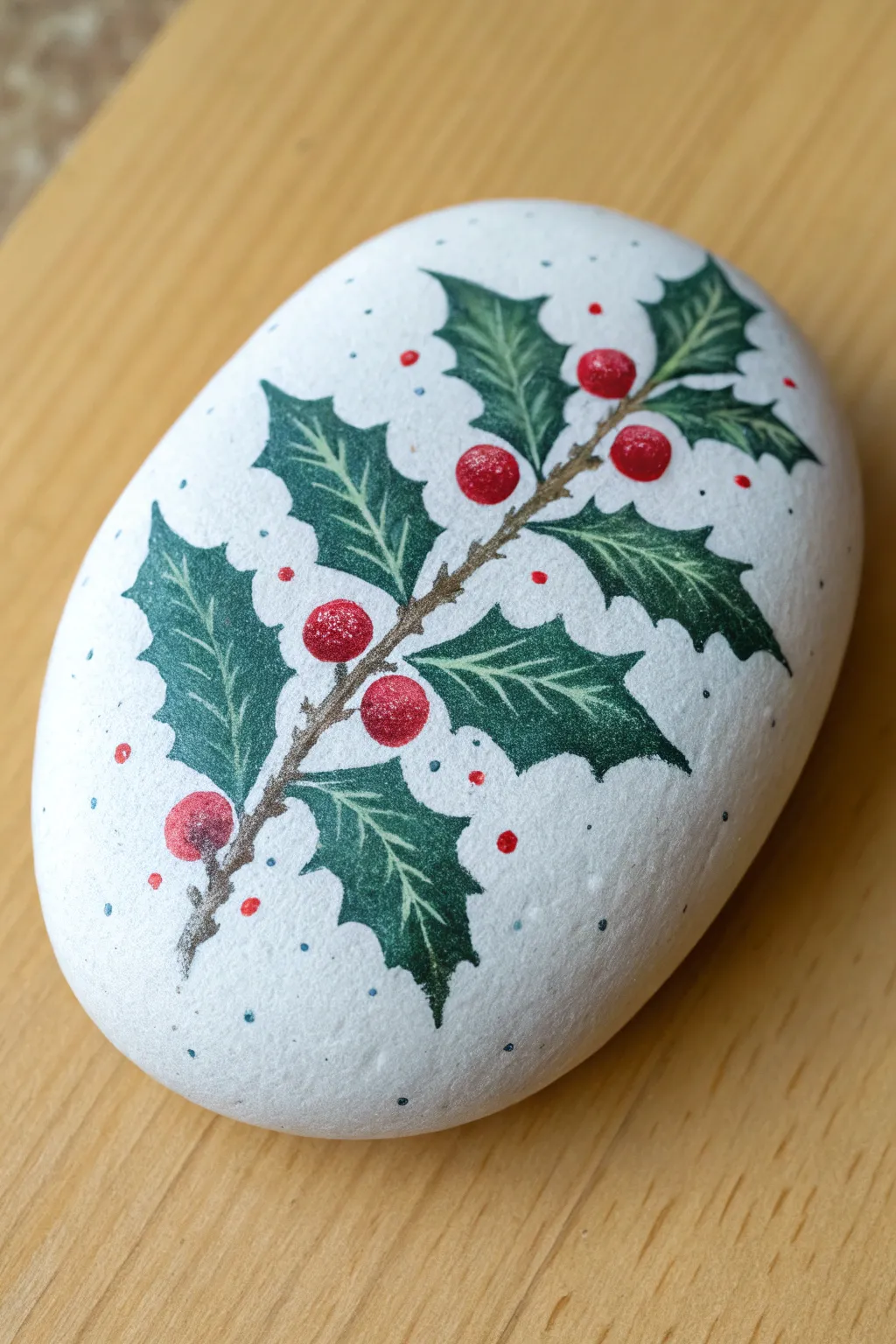 Scandi-inspired holly rock painting with bright berries on a snowy white base, festive and chic