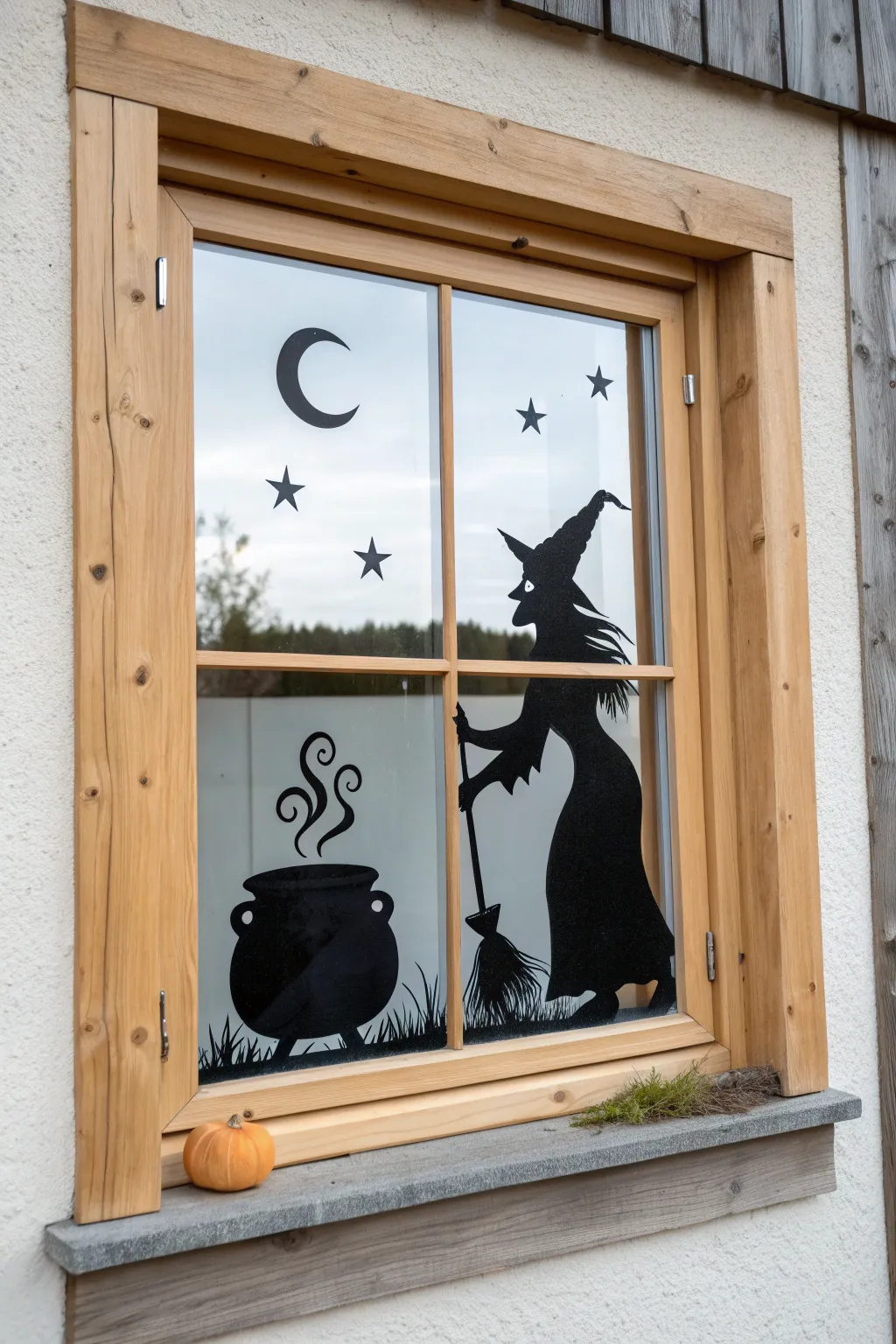Witch and cauldron window silhouette with curling steam and a crescent moon, bold and minimal