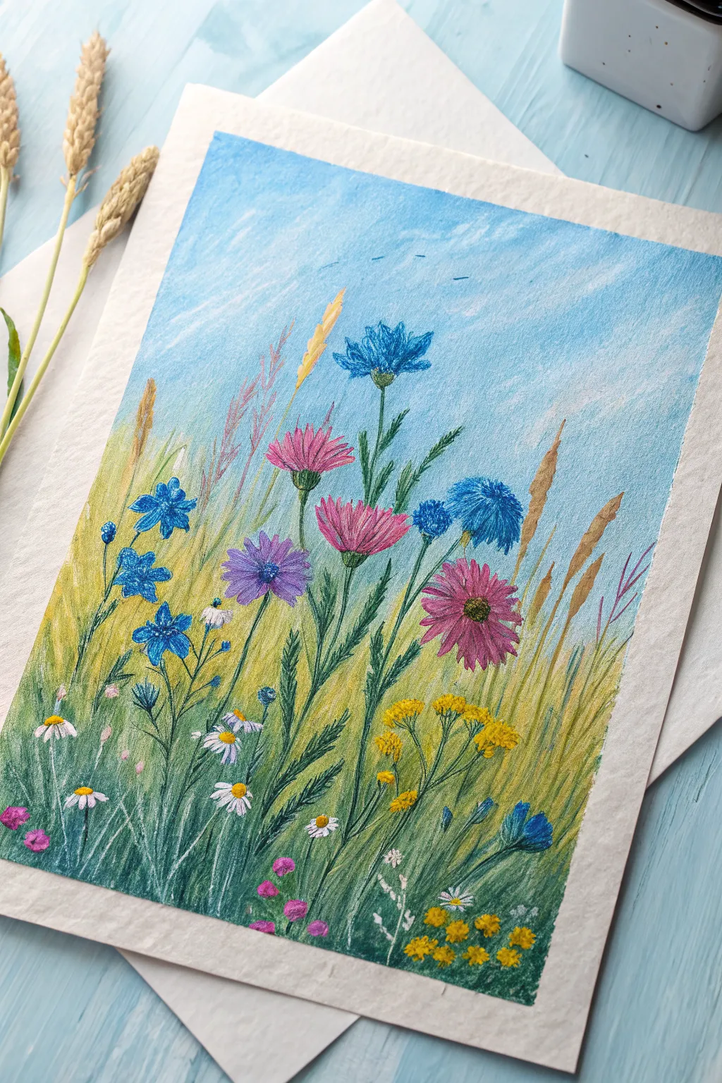 Field of wildflowers in bold oil pastel strokes, set against a simple sky for high contrast