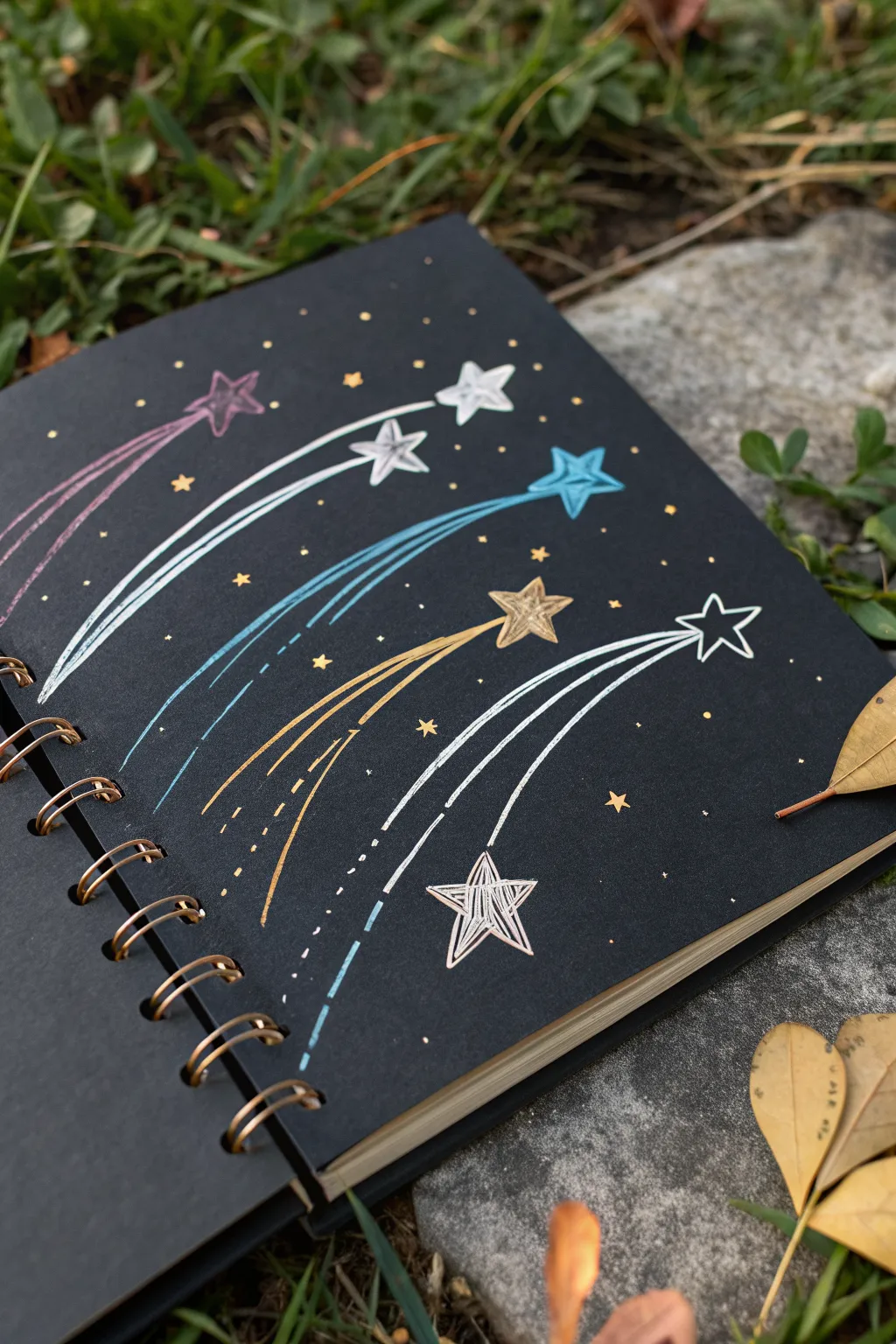 Shooting star trail study in bold colors on black paper, simple and dreamy space sketch idea.