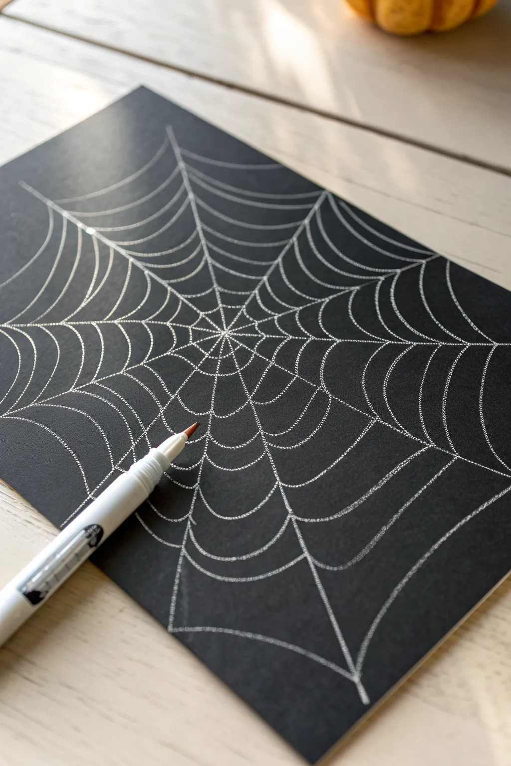 White gel-pen spider web on black paper for a bold, minimalist nighttime sketch study.